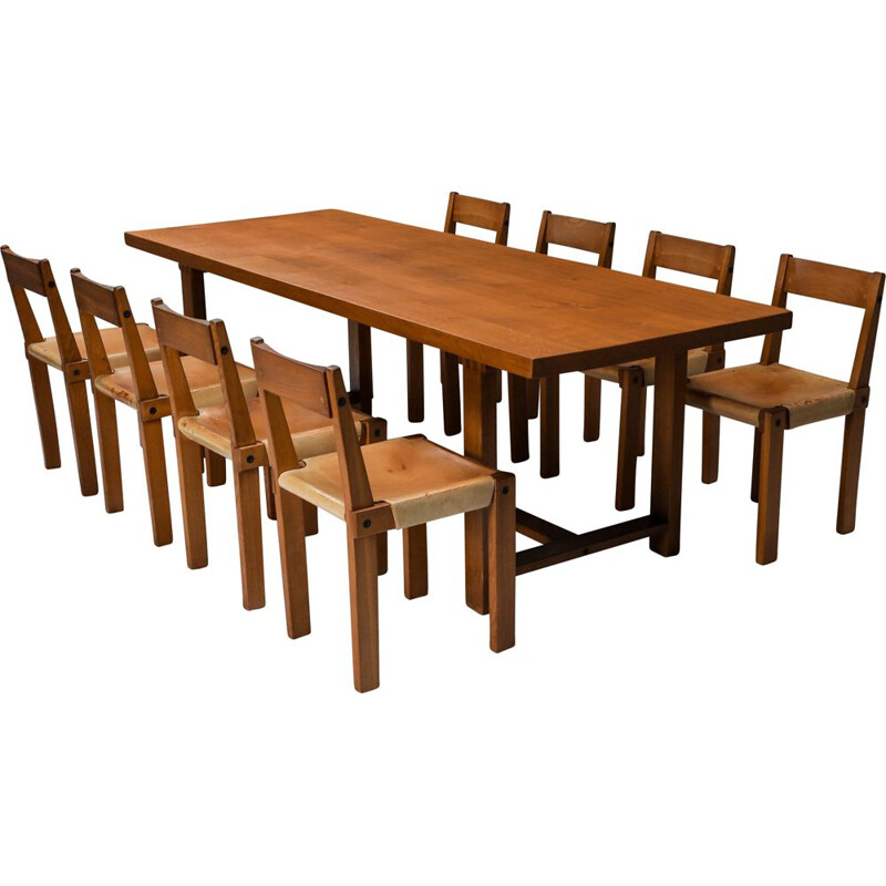 Vintage dining set with T01D table and S24 chairs in solid elm by Pierre Chapo, France 1960s
