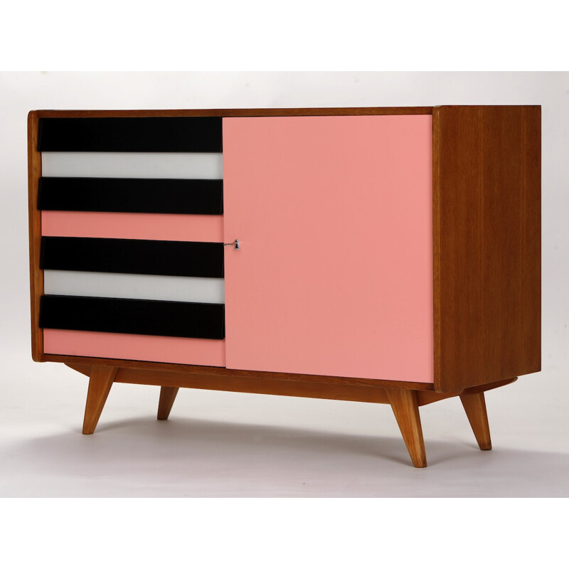 Mid-century pink and black Interier Praha sideboard in oakwood, Jiri JIROUTEK - 1960s