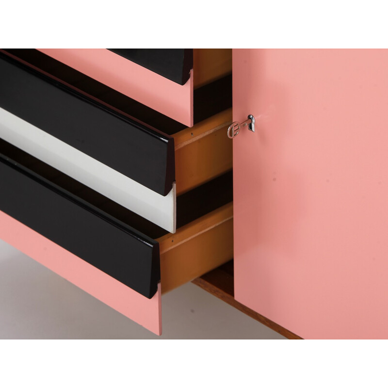 Mid-century pink and black Interier Praha sideboard in oakwood, Jiri JIROUTEK - 1960s