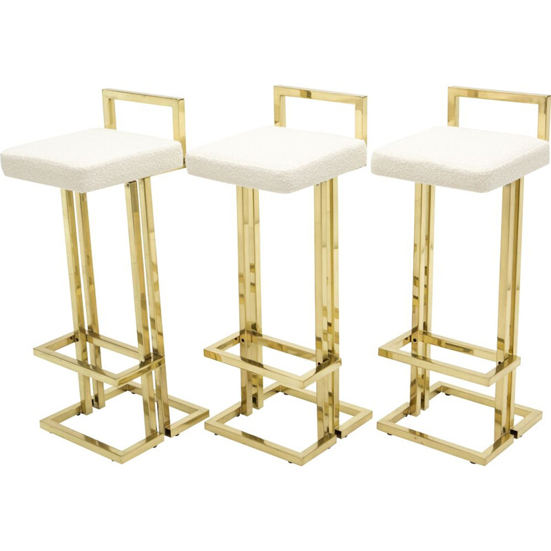 Set of 3 vintage brass bar stools in wool and curly wool from Maison Jansen 1970s