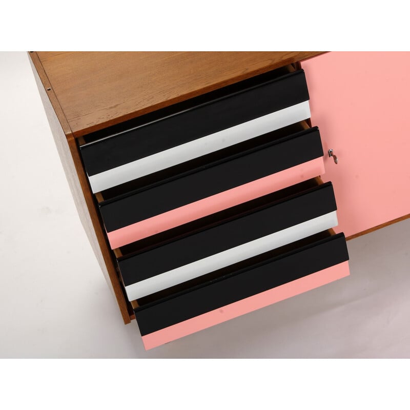 Mid-century pink and black Interier Praha sideboard in oakwood, Jiri JIROUTEK - 1960s