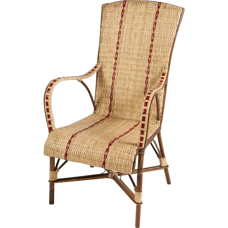 Vintage woven rattan armchair with red border 1950s