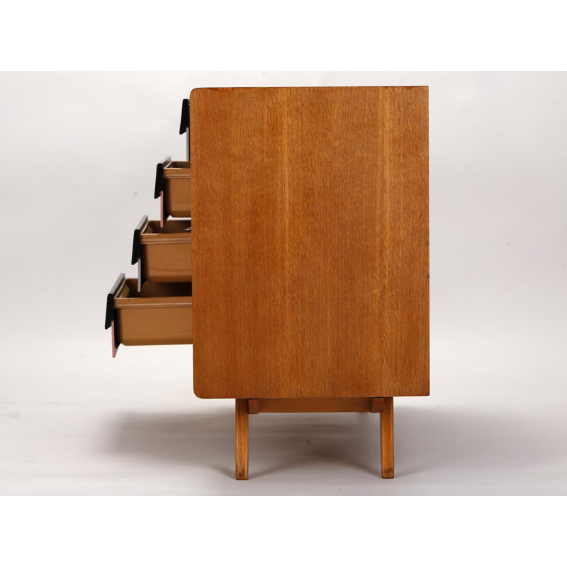 Mid-century pink and black Interier Praha sideboard in oakwood, Jiri JIROUTEK - 1960s