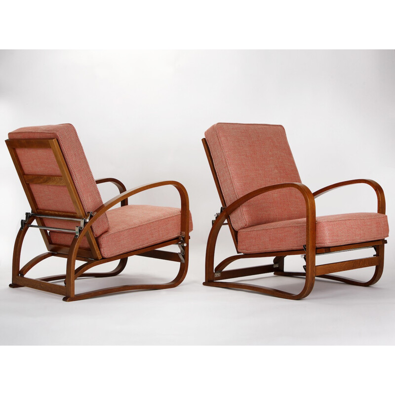 Pair of reupholstered Spojene UP Zavody "H-70" armchairs in red and white fabric, Jindrich HALABALA - 1930s