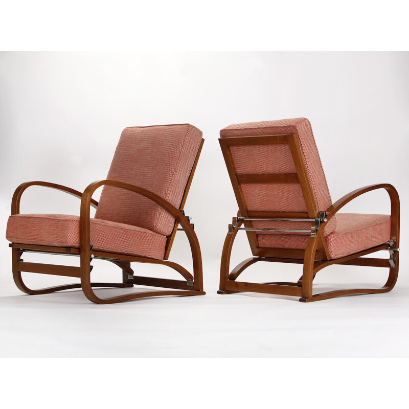 Pair of reupholstered Spojene UP Zavody "H-70" armchairs in red and white fabric, Jindrich HALABALA - 1930s