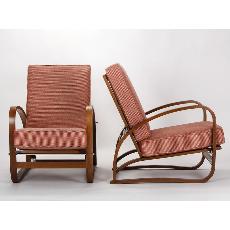 Pair of reupholstered Spojene UP Zavody "H-70" armchairs in red and white fabric, Jindrich HALABALA - 1930s