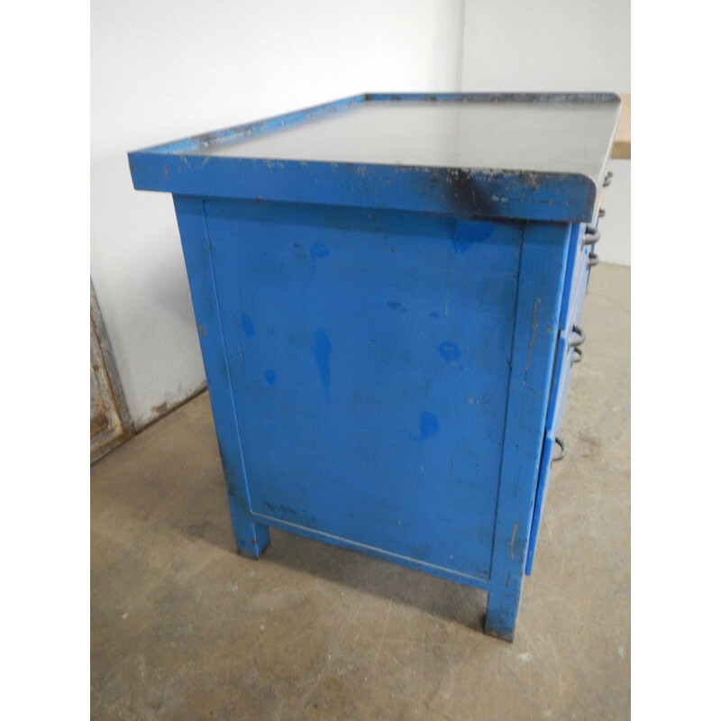 Vintage ijzeren werktafel, blauw -V0790