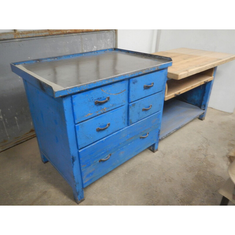 Vintage ijzeren werktafel, blauw -V0790
