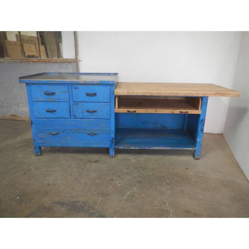 Table de travail vintage en fer bleu -V0790