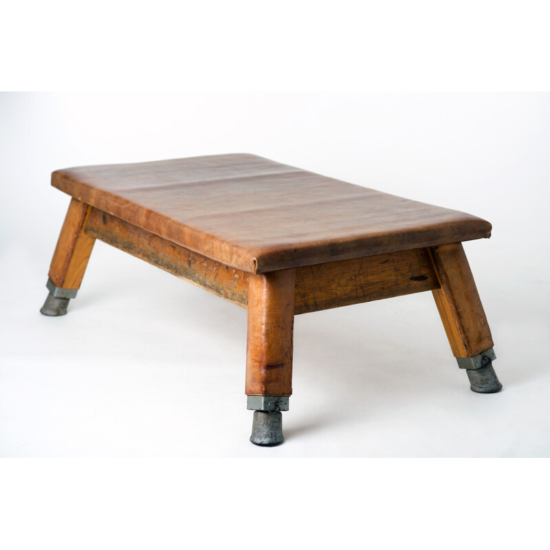 Gym bench in brown leather and wood - 1930s