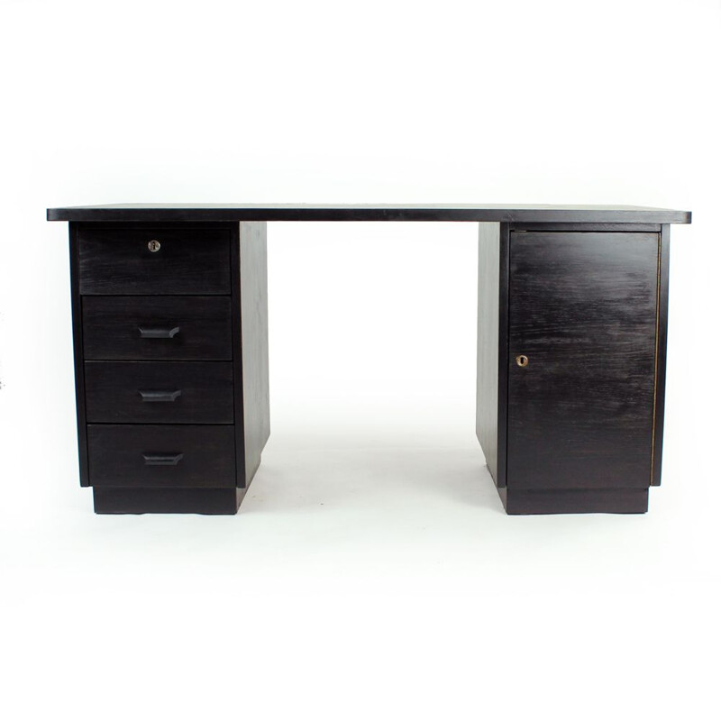 Large functionalist vintage desk in black oak from Jitona, Czechoslovakia 1940