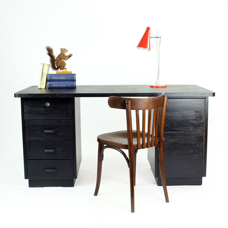 Large functionalist vintage desk in black oak from Jitona, Czechoslovakia 1940