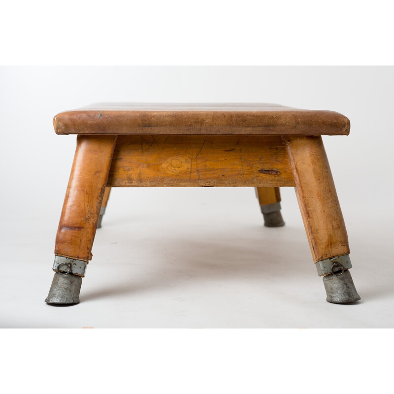 Gym bench in brown leather and wood - 1930s