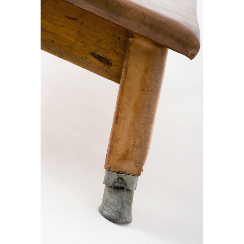 Gym bench in brown leather and wood - 1930s