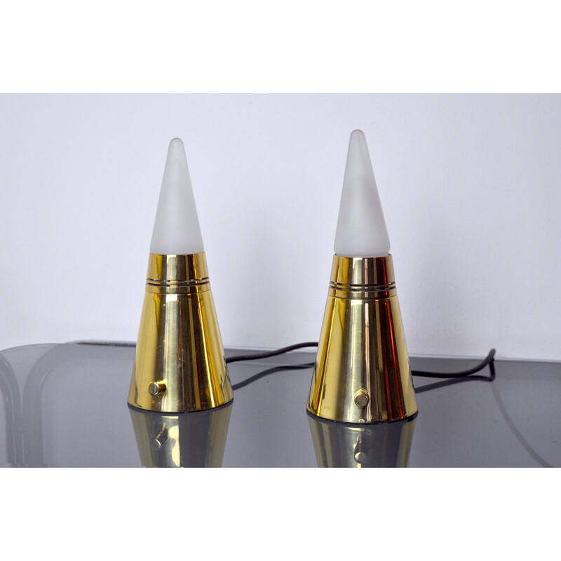 Pair of vintage brass pyramid lamps by Venini, Italy 1970
