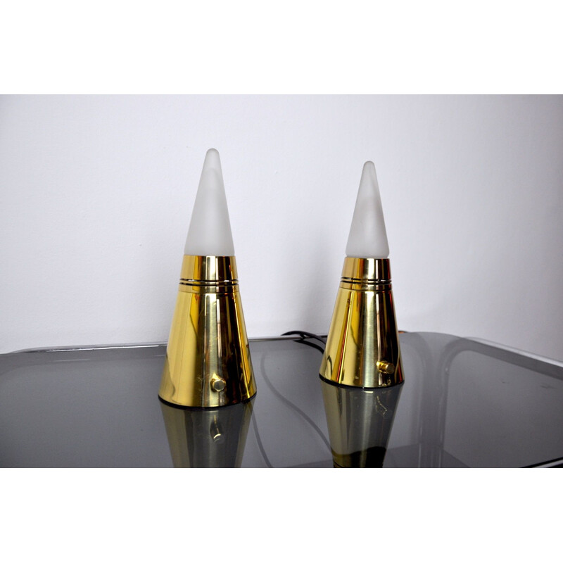 Pair of vintage brass pyramid lamps by Venini, Italy 1970