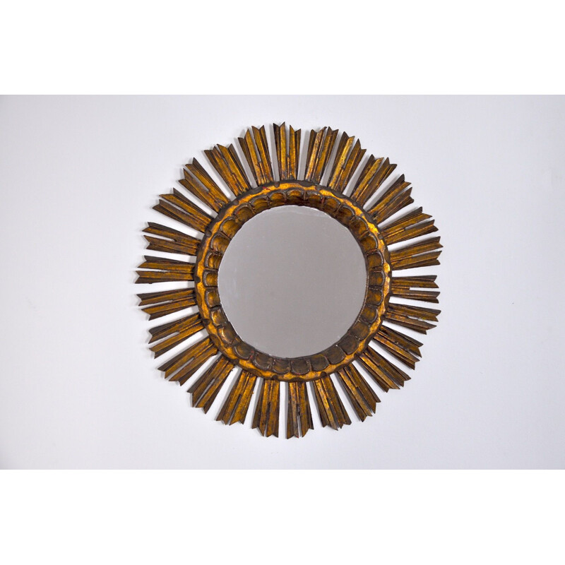 Vintage sunburst mirror in golden wood 1950