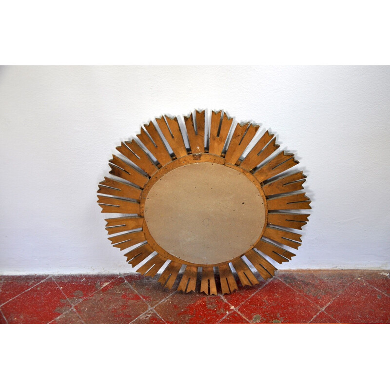 Vintage sunburst mirror in golden wood 1950