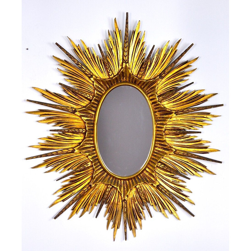 Espelho Vintage com explosões de sol em madeira dourada