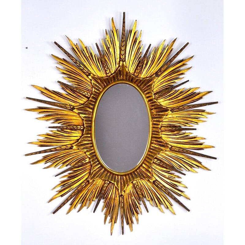 Vintage-Spiegel Sonne und Ähren aus vergoldetem Holz