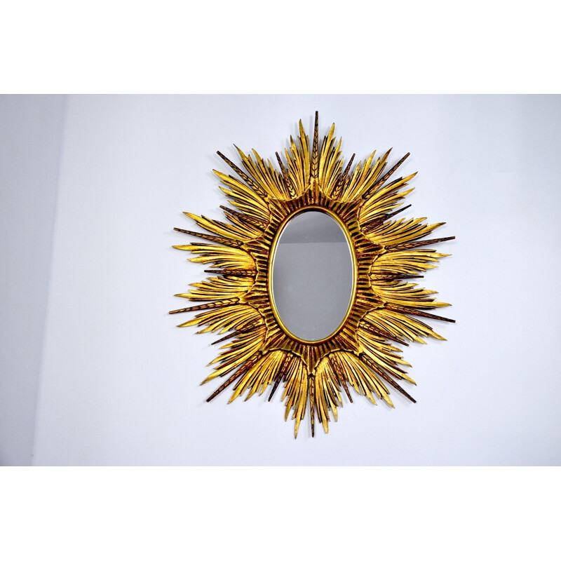 Vintage mirror sun and ears of gold wood