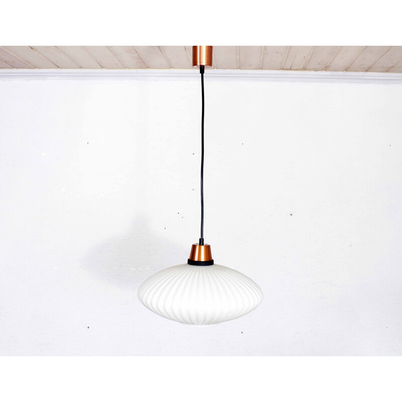 Vintage copper and opaline glass hanging lamp, Scandinavian 1970s