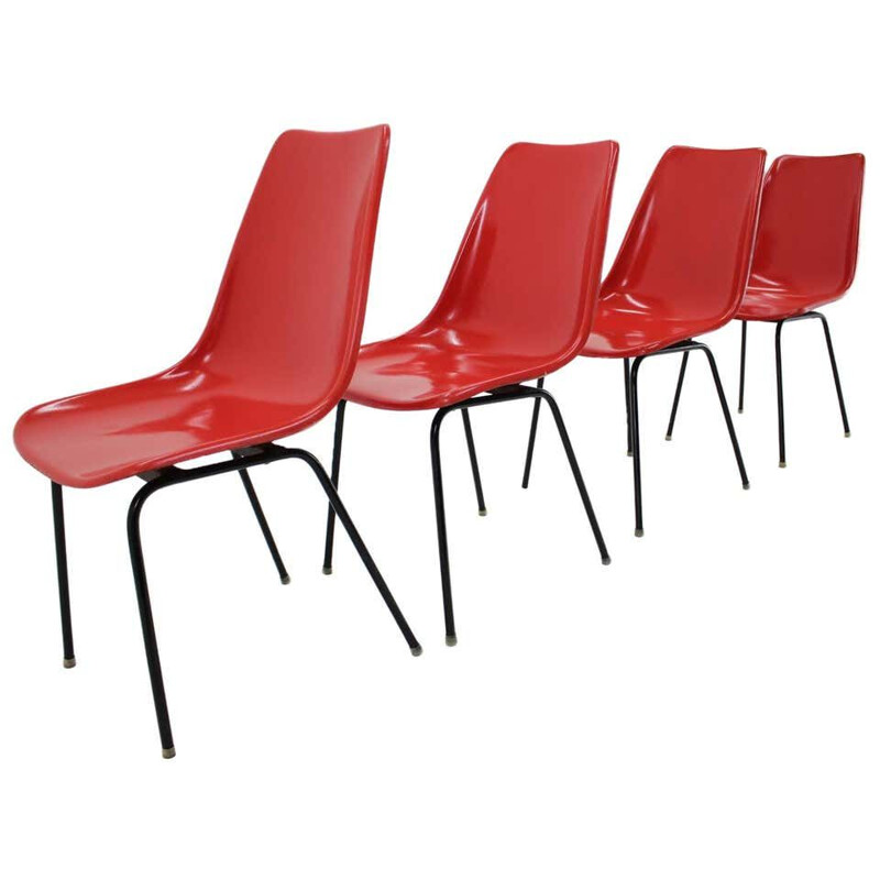 Set of 4 Midcentury Red Fiberglass Dining Chairs, Czechoslovakia 1960s