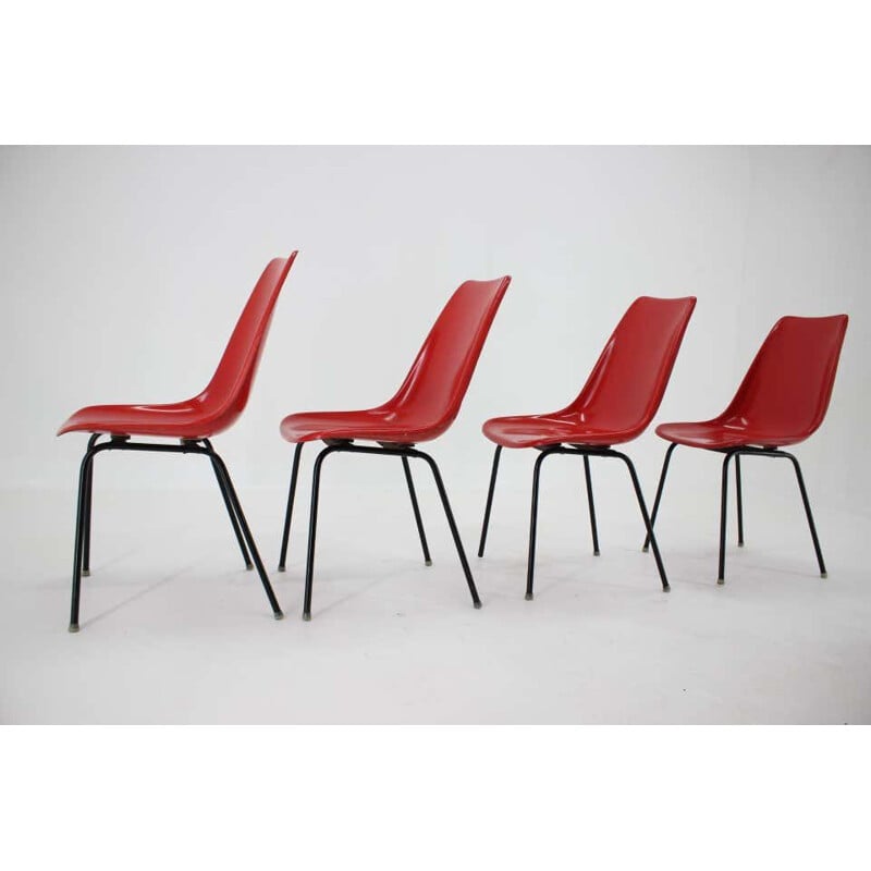 Set of 4 Midcentury Red Fiberglass Dining Chairs, Czechoslovakia 1960s