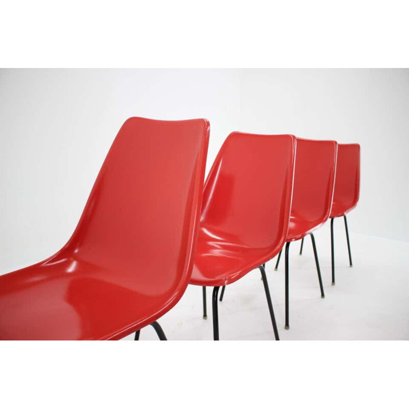 Set of 4 Midcentury Red Fiberglass Dining Chairs, Czechoslovakia 1960s