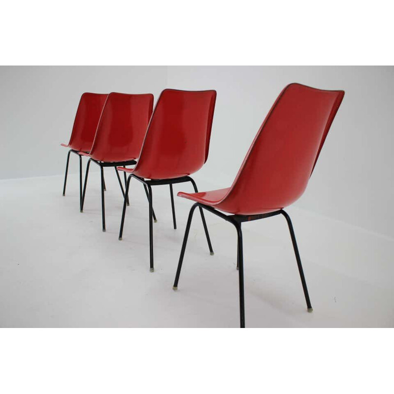 Set of 4 Midcentury Red Fiberglass Dining Chairs, Czechoslovakia 1960s