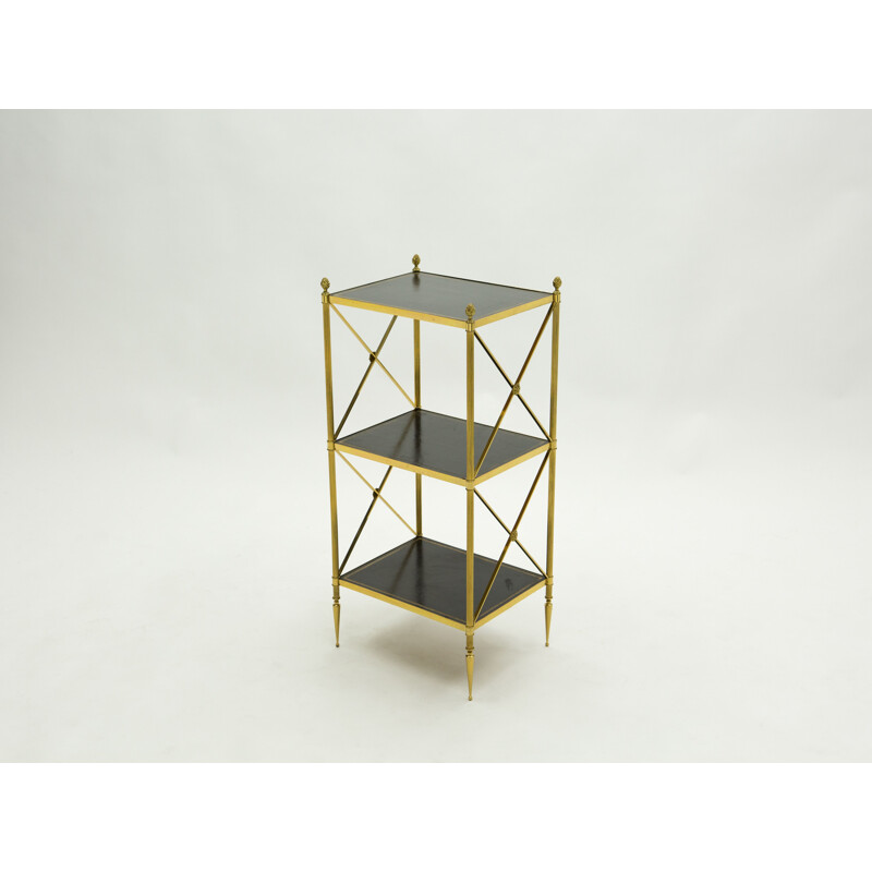 Vintage neoclassical side table black leather brass Maison Jansen 1970s