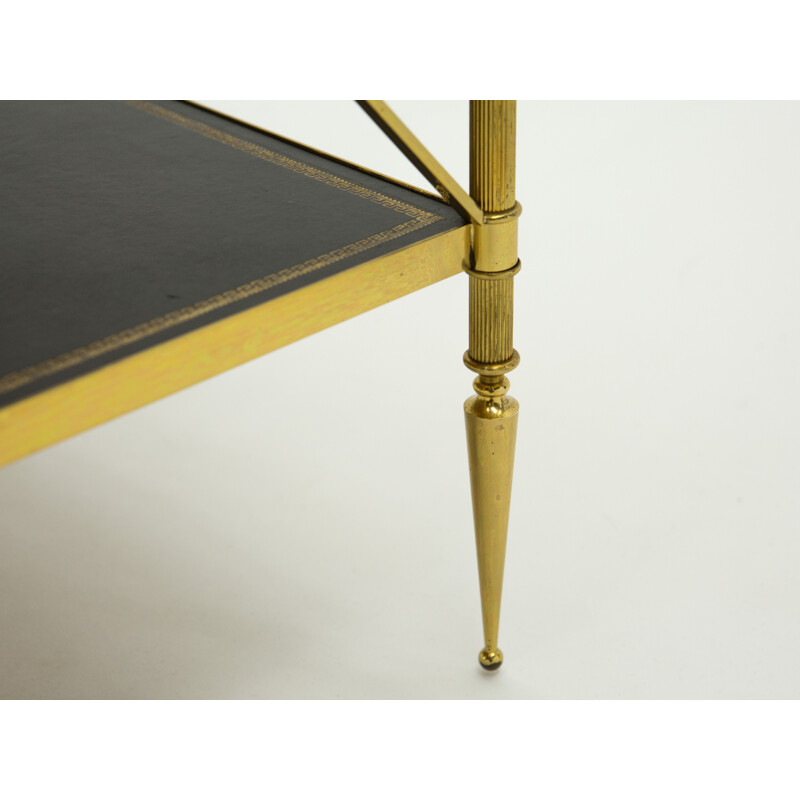 Table d'appoint vintage néoclassique laiton cuir noir Maison Jansen 1970