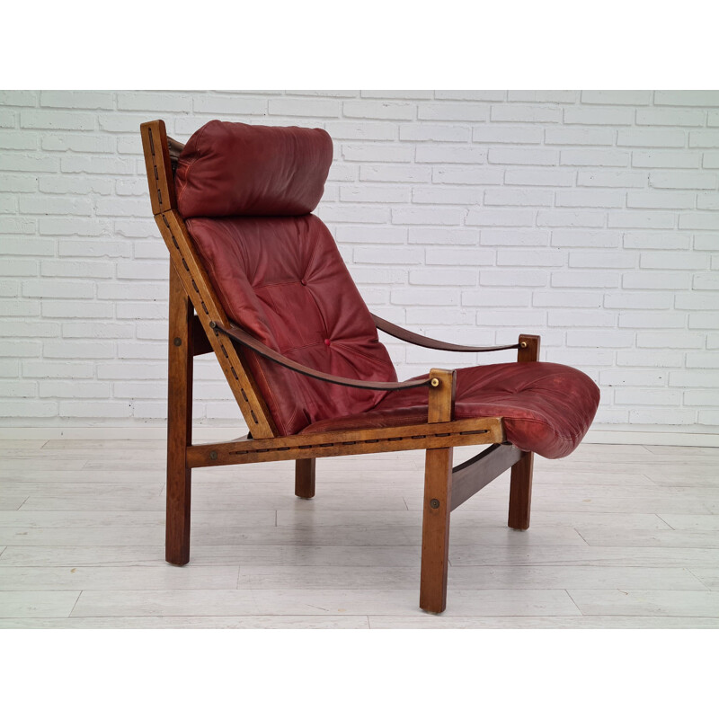 Vintage High teak back relax armchair original cherry-brown leather 1970s