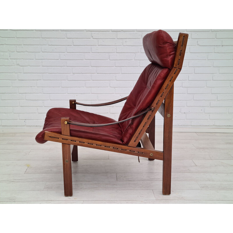 Fauteuil vintage relax à haut dossier en teck cuir brun cerise d'origine 1970