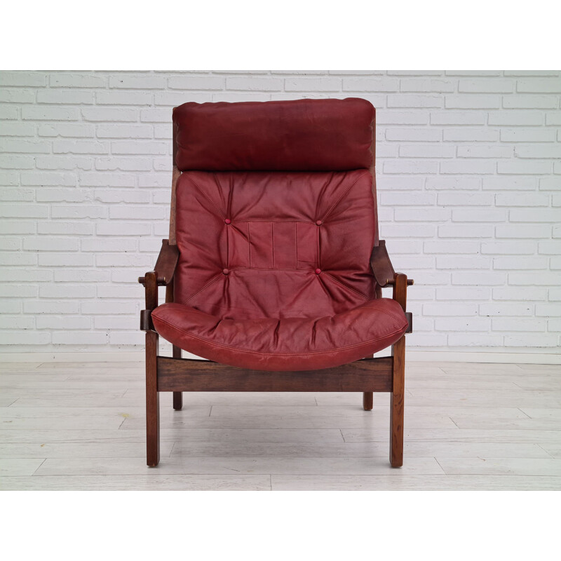 Vintage High teak back relax armchair original cherry-brown leather 1970s