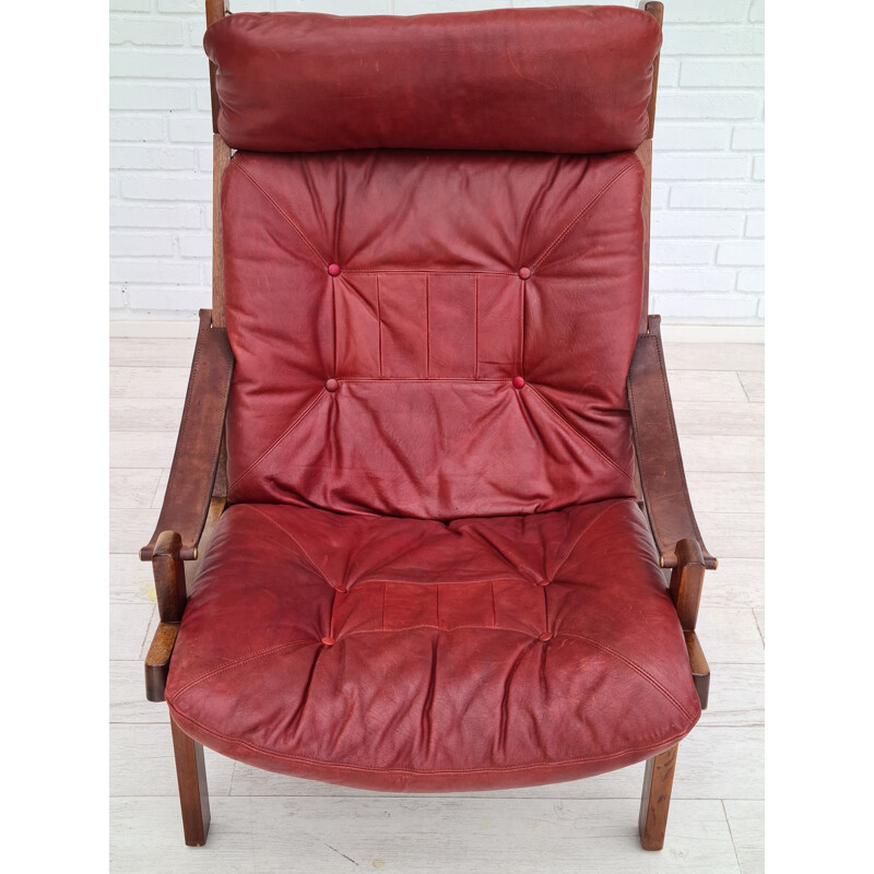 Vintage High teak back relax armchair original cherry-brown leather 1970s