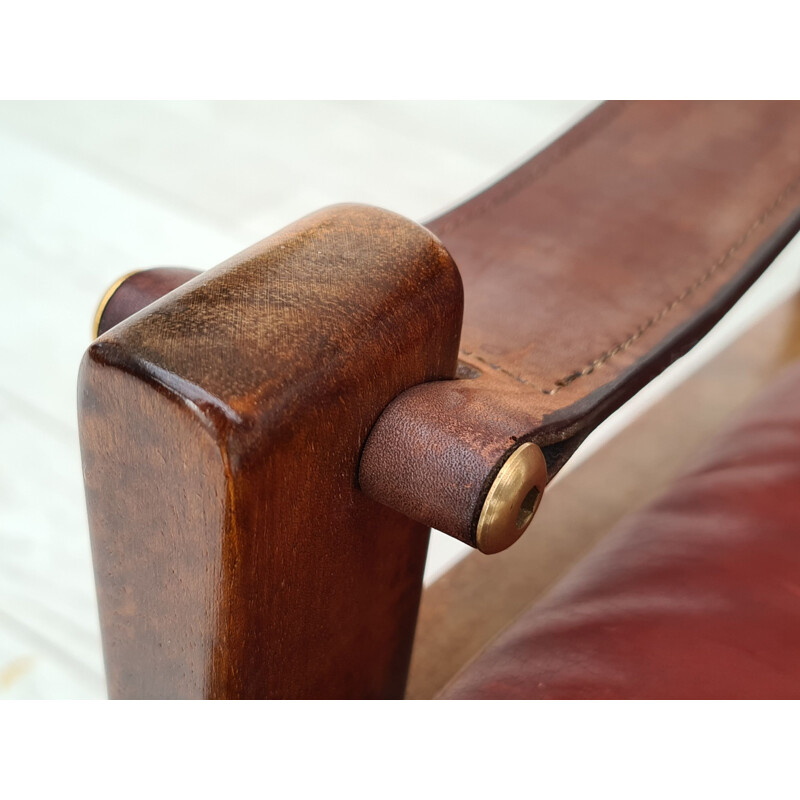 Vintage High teak back relax armchair original cherry-brown leather 1970s