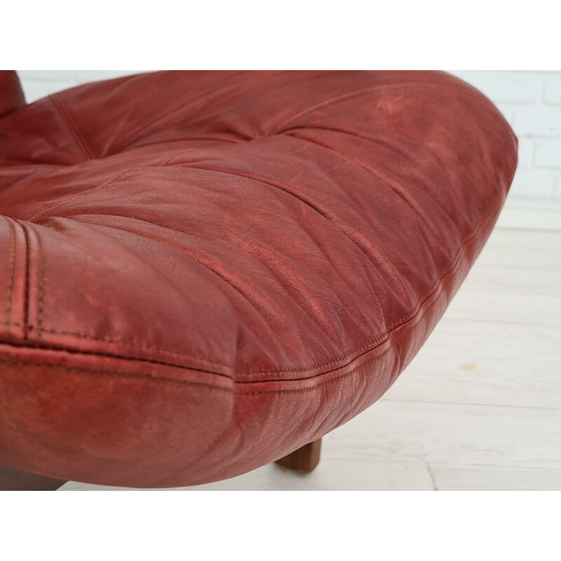Fauteuil vintage relax à haut dossier en teck cuir brun cerise d'origine 1970