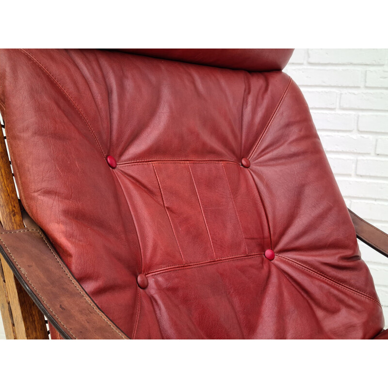Fauteuil vintage relax à haut dossier en teck cuir brun cerise d'origine 1970