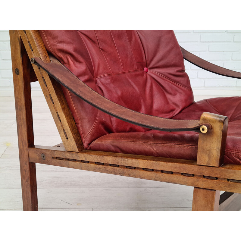 Fauteuil vintage relax à haut dossier en teck cuir brun cerise d'origine 1970