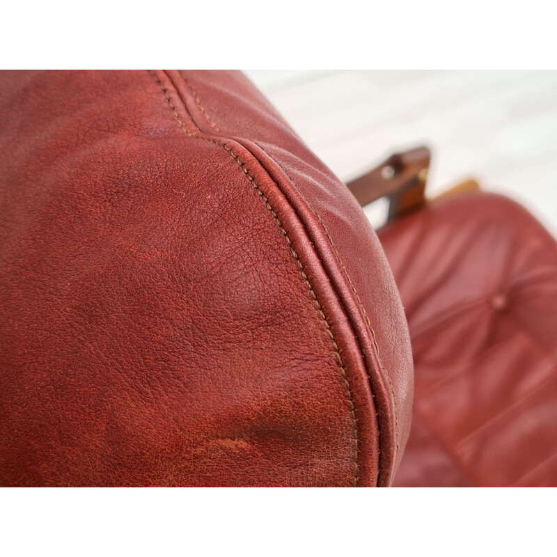 Vintage High teak back relax armchair original cherry-brown leather 1970s