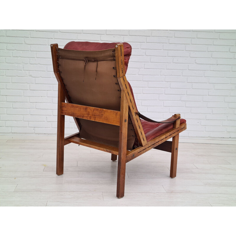 Vintage Relax-Sessel mit hoher Rückenlehne aus Teakholz Leder Kirschbraun Original 1970