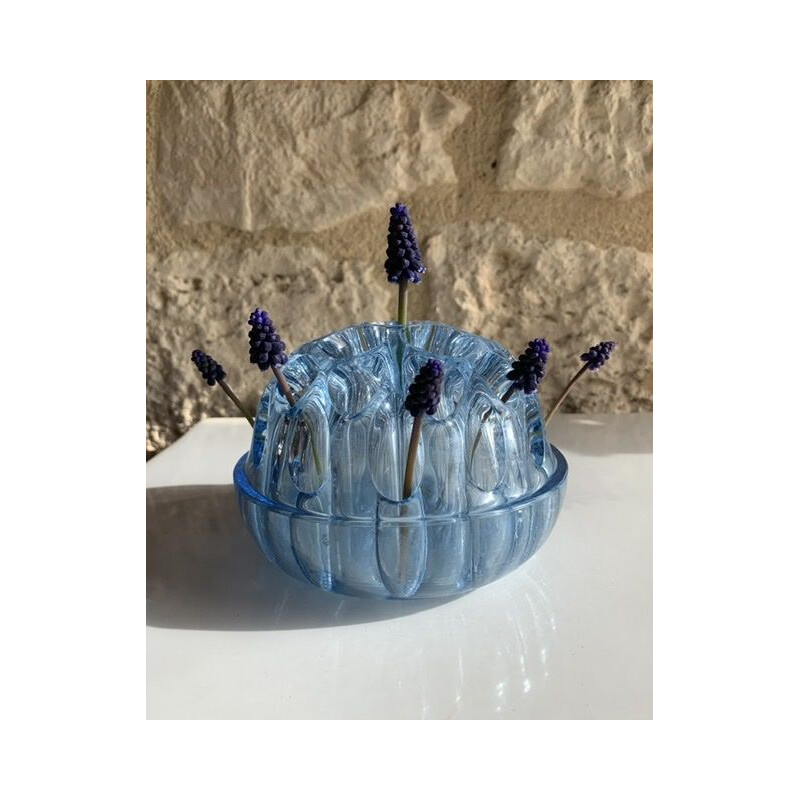 Grand vase vintage Pique Fleurs en Cristal Bleu, France 1960