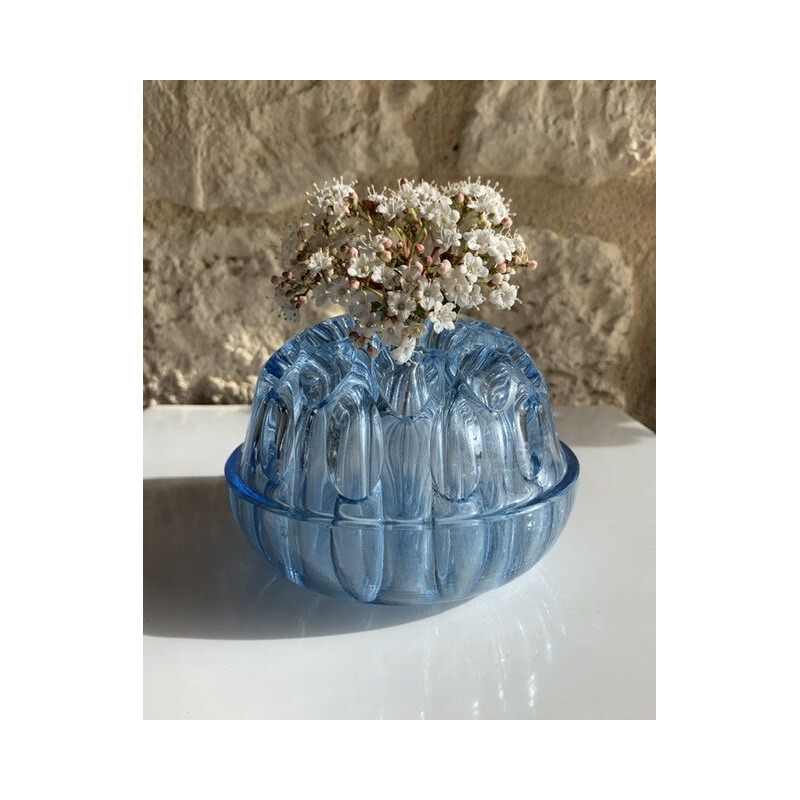 Grand vase vintage Pique Fleurs en Cristal Bleu, France 1960