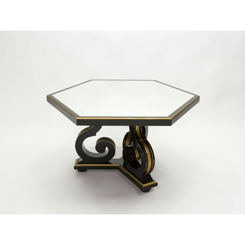 Vintage neoclassical dining table Maurice Hirsch black wood gilded mirror, France 1970s