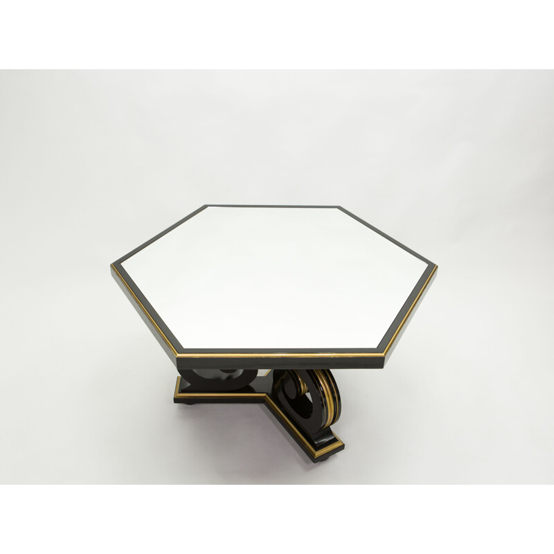 Vintage neoclassical dining table Maurice Hirsch black wood gilded mirror, France 1970s