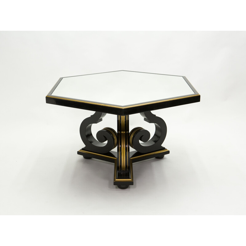 Tavolo da pranzo neoclassico d'epoca Maurice Hirsch specchio nero in legno dorato, Francia 1970