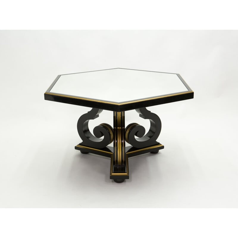 Vintage neoclassical dining table Maurice Hirsch black wood gilded mirror, France 1970s