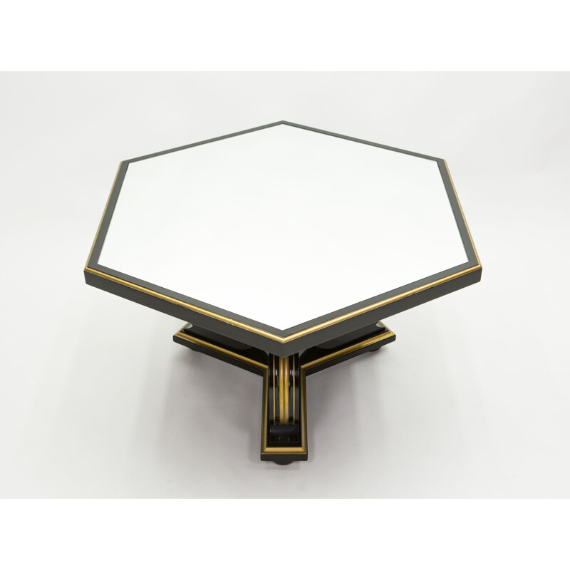 Vintage neoclassical dining table Maurice Hirsch black wood gilded mirror, France 1970s