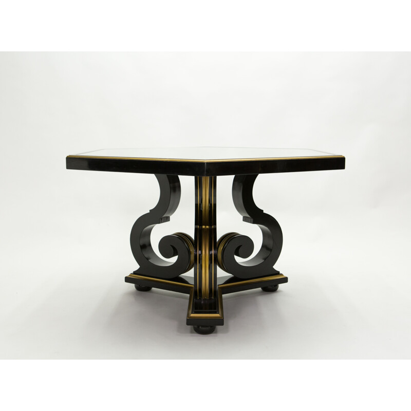 Mesa de comedor neoclásica vintage Maurice Hirsch espejo de madera dorado negro, Francia 1970